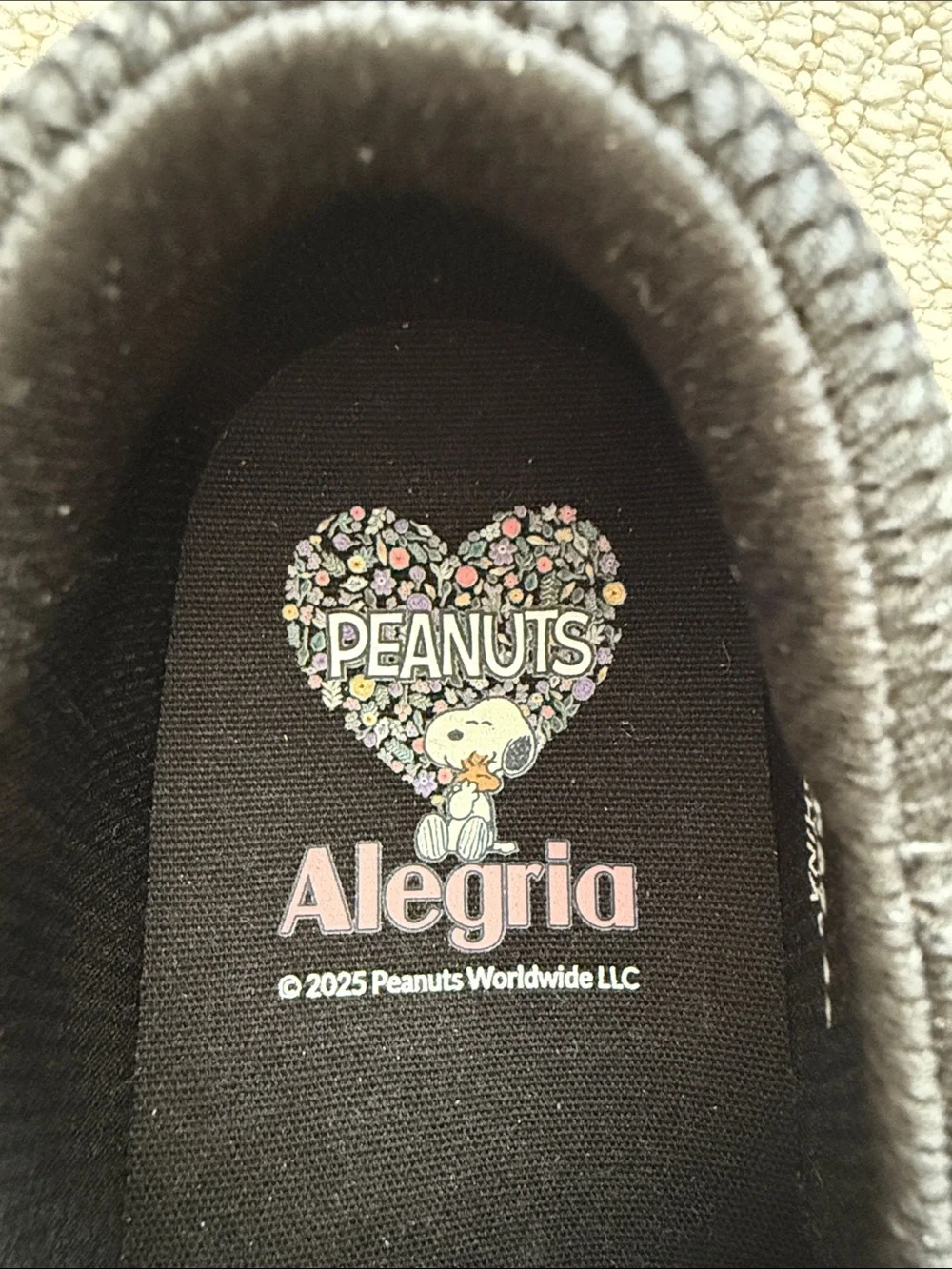 Alegria Kids Black Slip-On Sneakers with Colorful Peanuts Floral Art